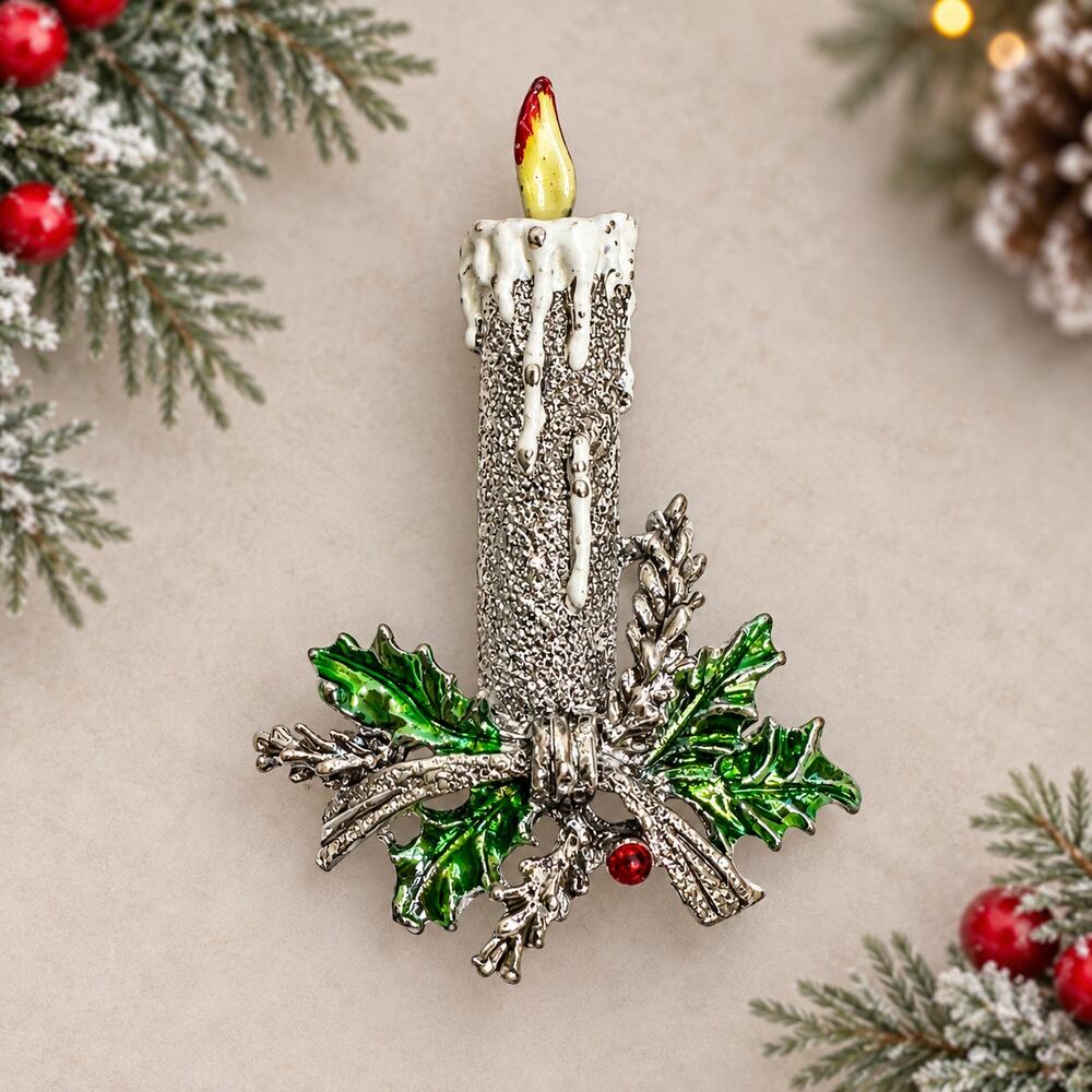 Vintage Christmas Candle Brooch Enamel Holly Silver Tone Rhinestone Pin CP270